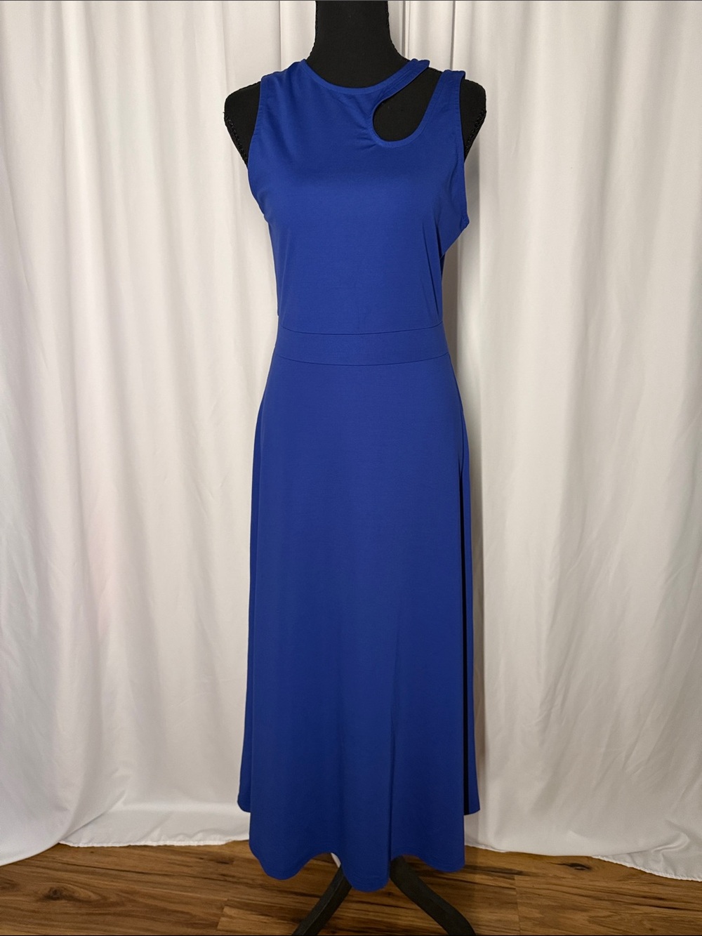 Sleeveless Cobalt Midi Dress with Shoulder Cutout